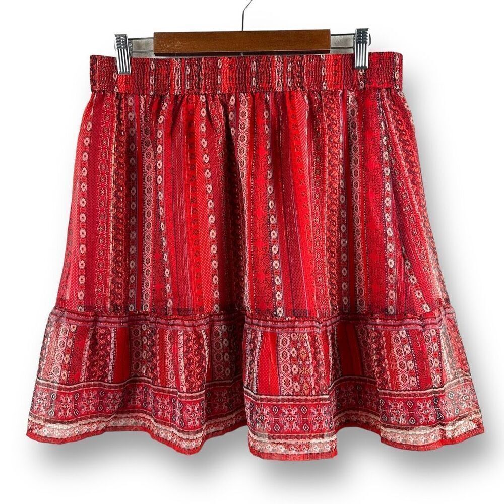 Loft Women's Size L Striped Tiered Mini Skirt Shimmer Red Boho Paisley Flowy New